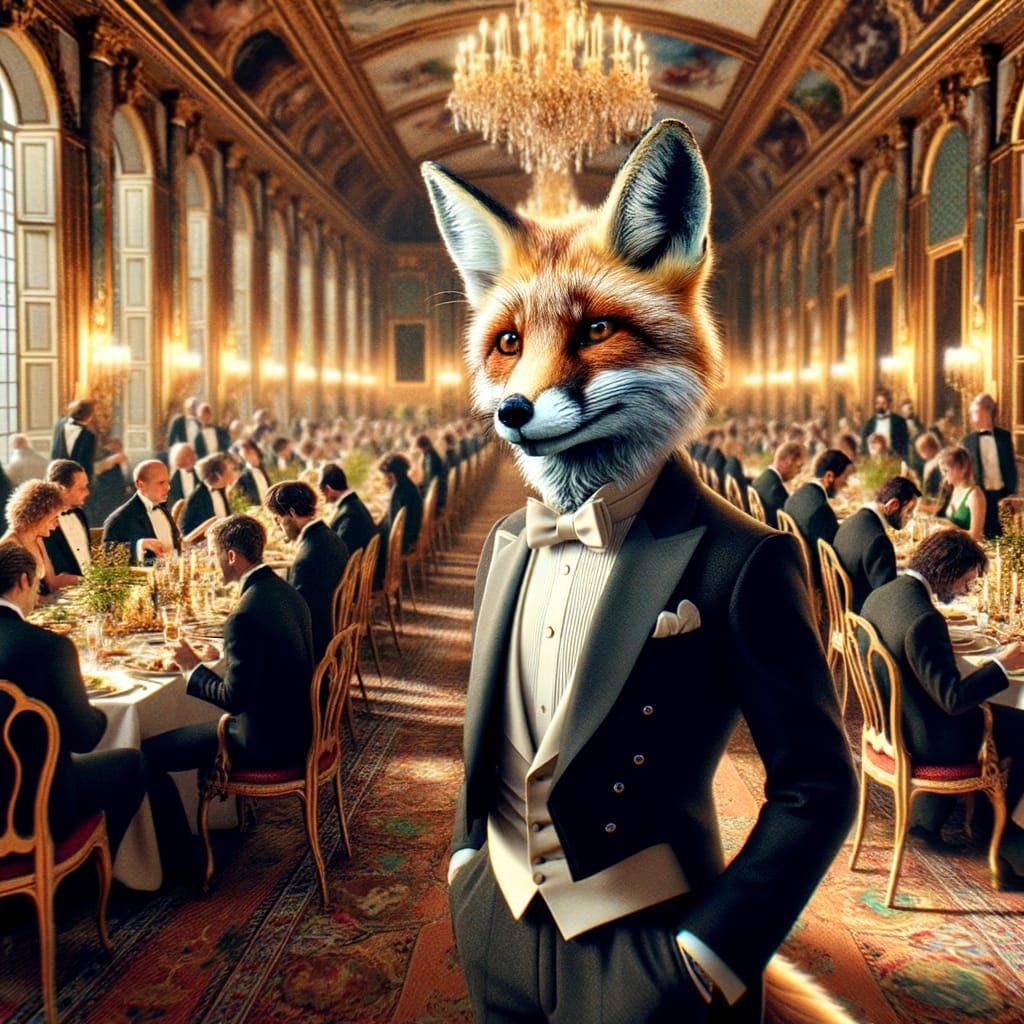 Anthropomorphic Fox in Tuxedo at Elegant Dinner Party