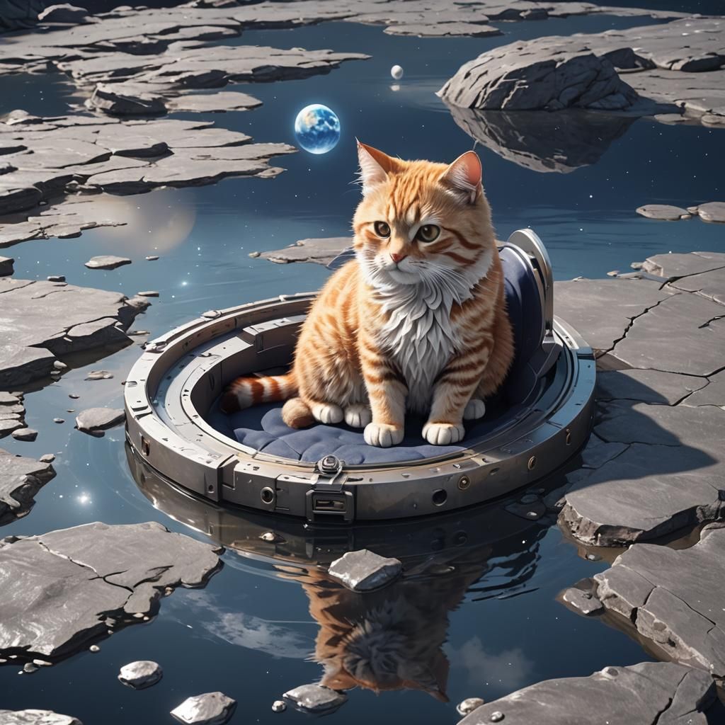 Anime Cat Sitting on Moon Water