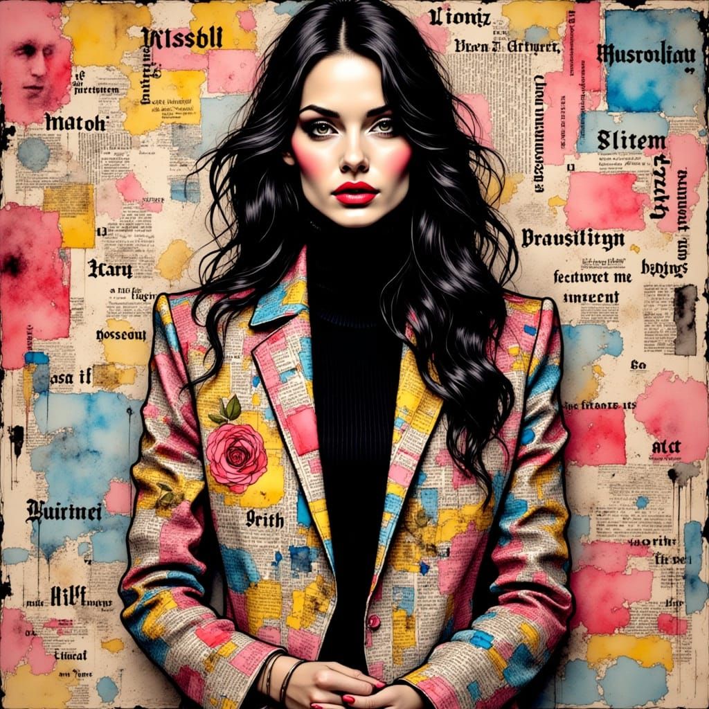 Woman in Newspaper Print Jacket: Pop Art Style
