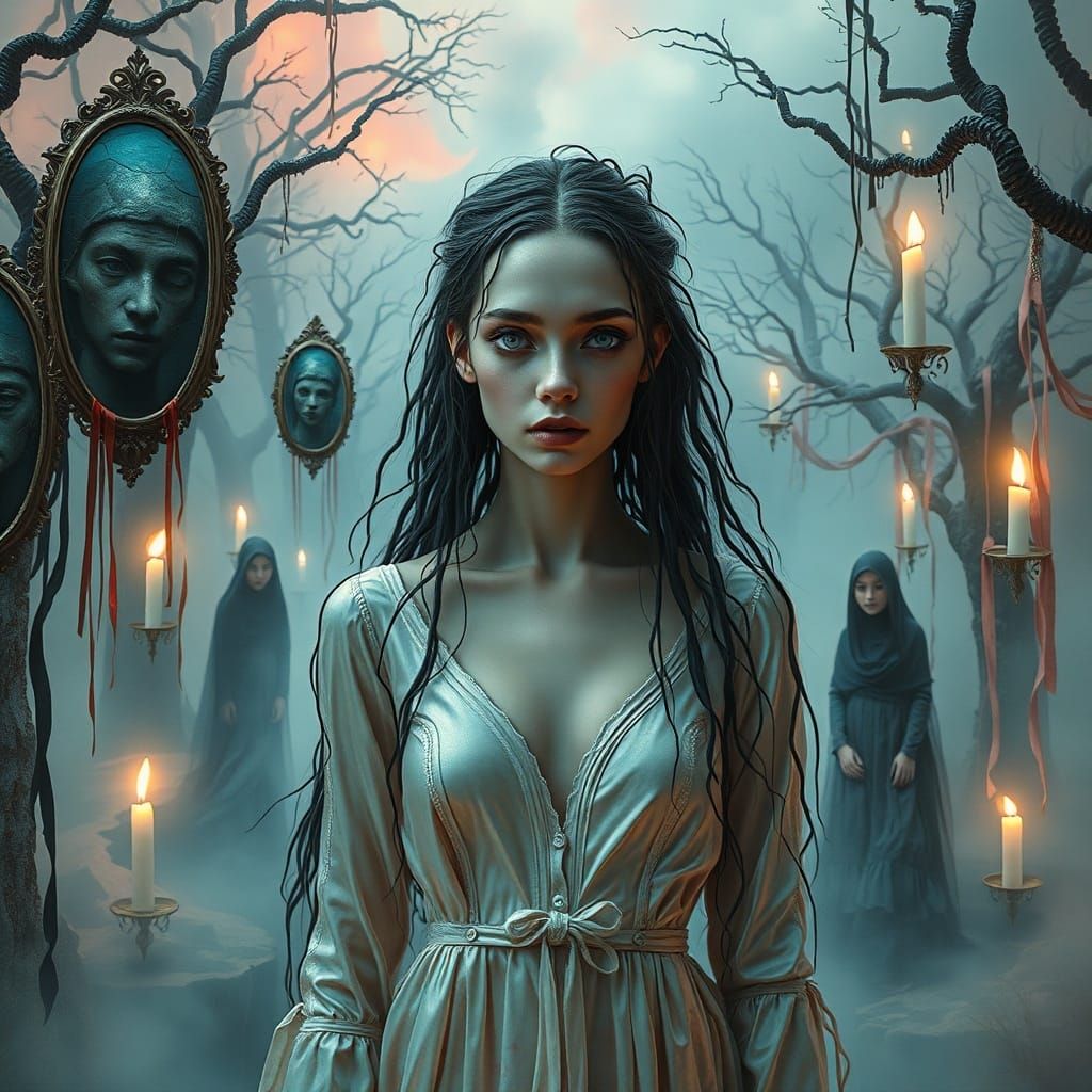 Haunting Witch Portrait in Surreal Dreamscape