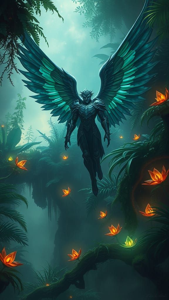 A celestial angel with obsidian wings descends upon a vibran...