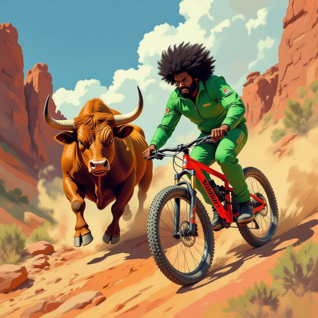 Man on Bike Chased by Bull on Rocky Hill