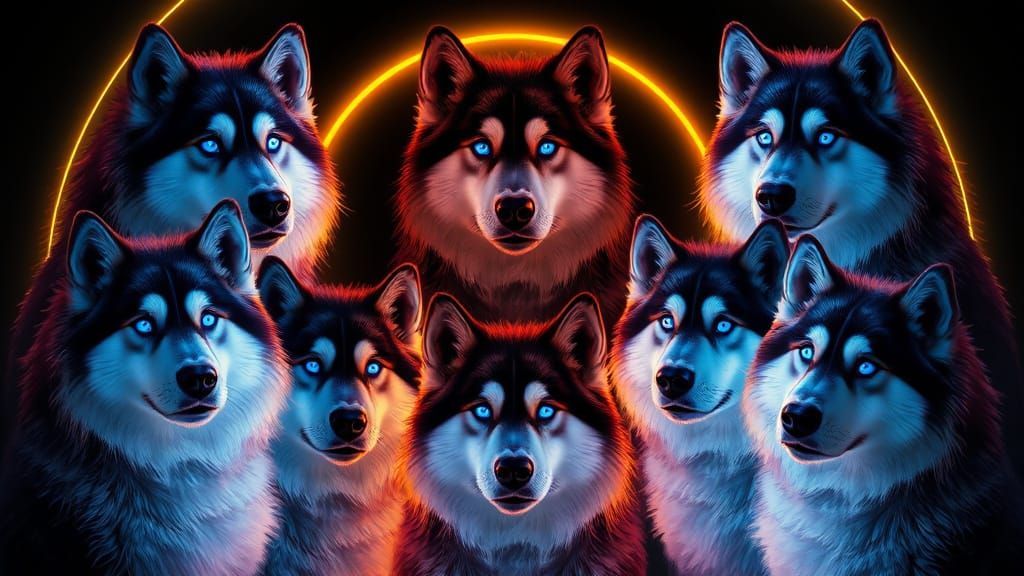 Bioluminescent Malamutes in Neon Portraits