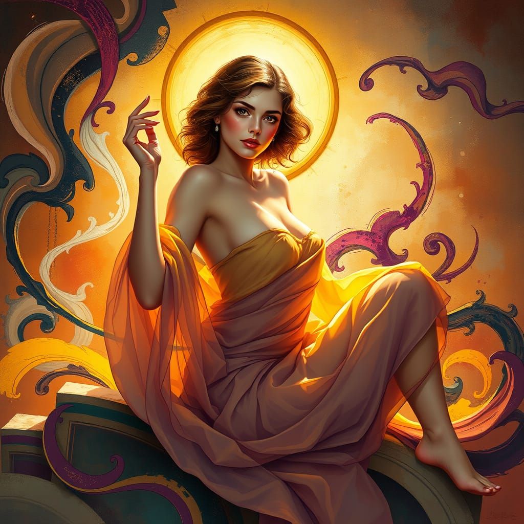 A luminous thick impasto art nouveau oil painting in the style of Alphonse Mucha, Jeremy Mann, and Heinrich Kley, featur...