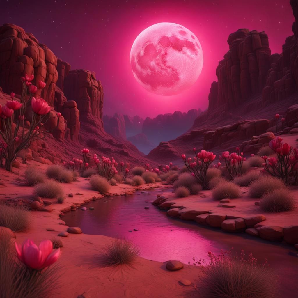 Red Desert Canyon with Pink Moon, Fantasy Art