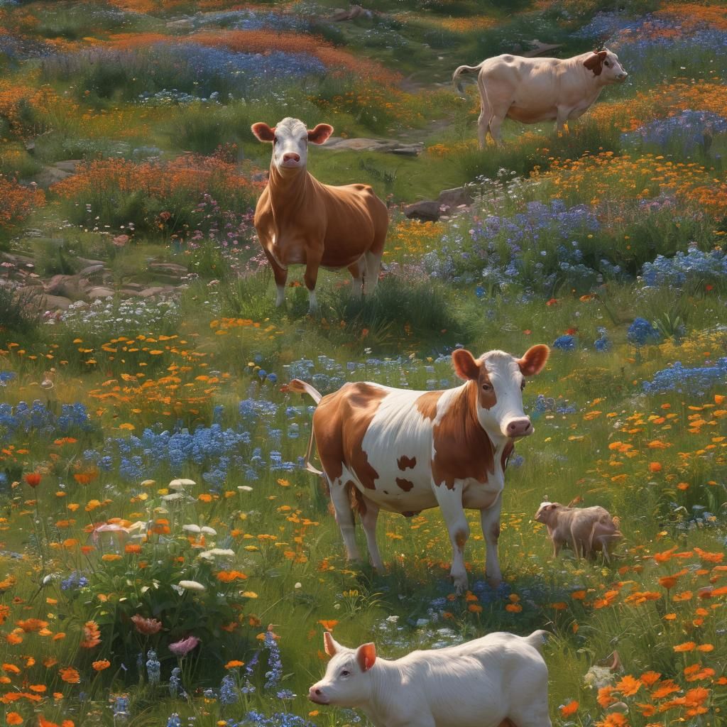 Farm Animals in a Vibrant Meadow, Fantasy Art