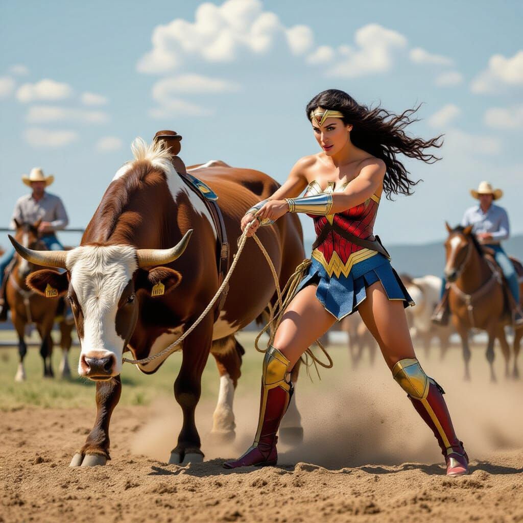 Wonder Woman Roping a Steer in Action