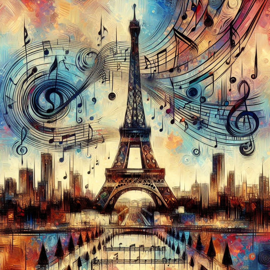 Lively Eiffel Tower in Vibrant Jazz-Inspired Acrylic Art