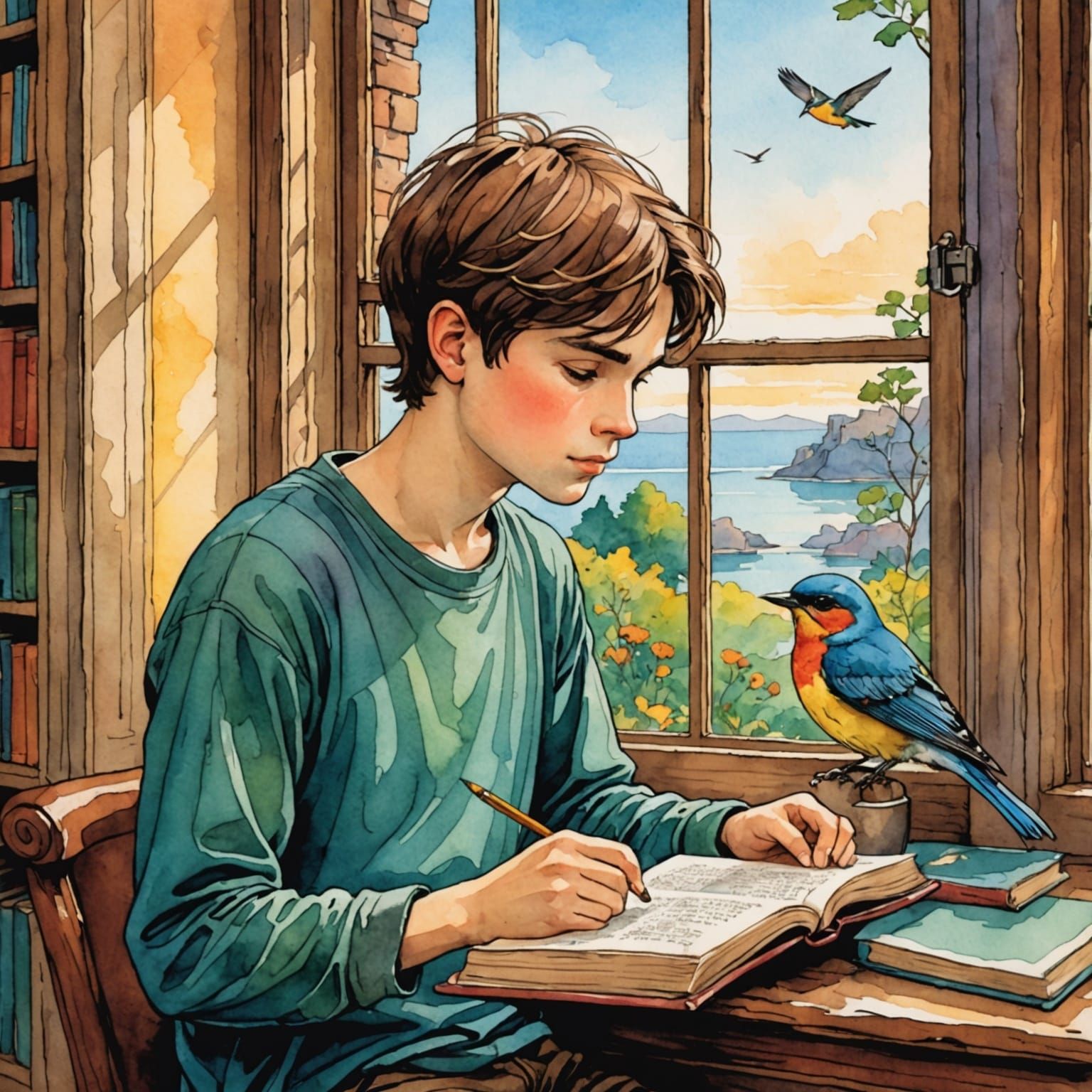 Boy Reading with Songbird in Watercolor Style