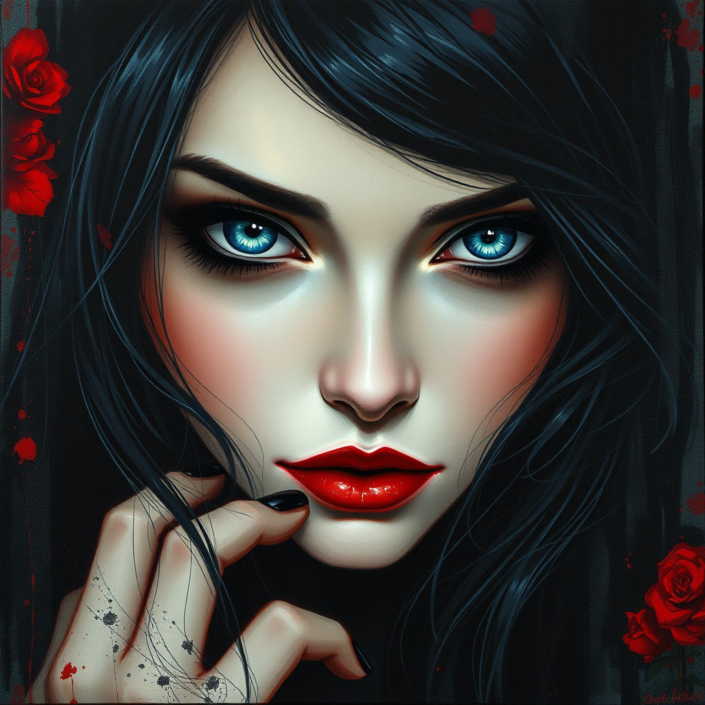 Gothic Dark-Haired Beauty in Oil Canvas Style