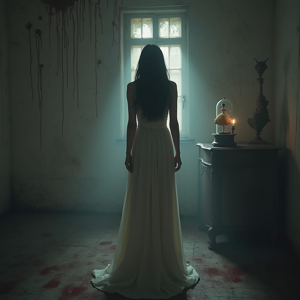 Dark Haired Woman in Eerie Bedroom Scene