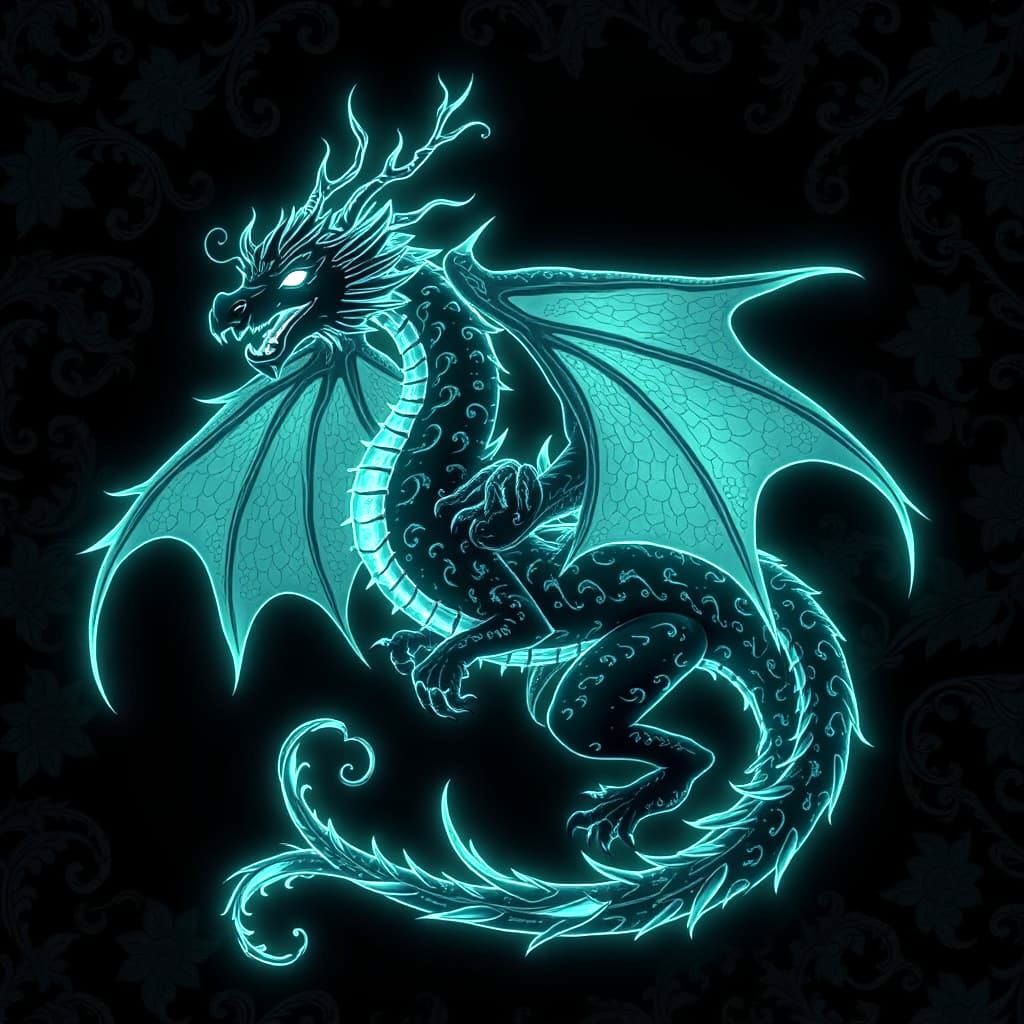 Bioluminescent Dragon with Filigree on Black