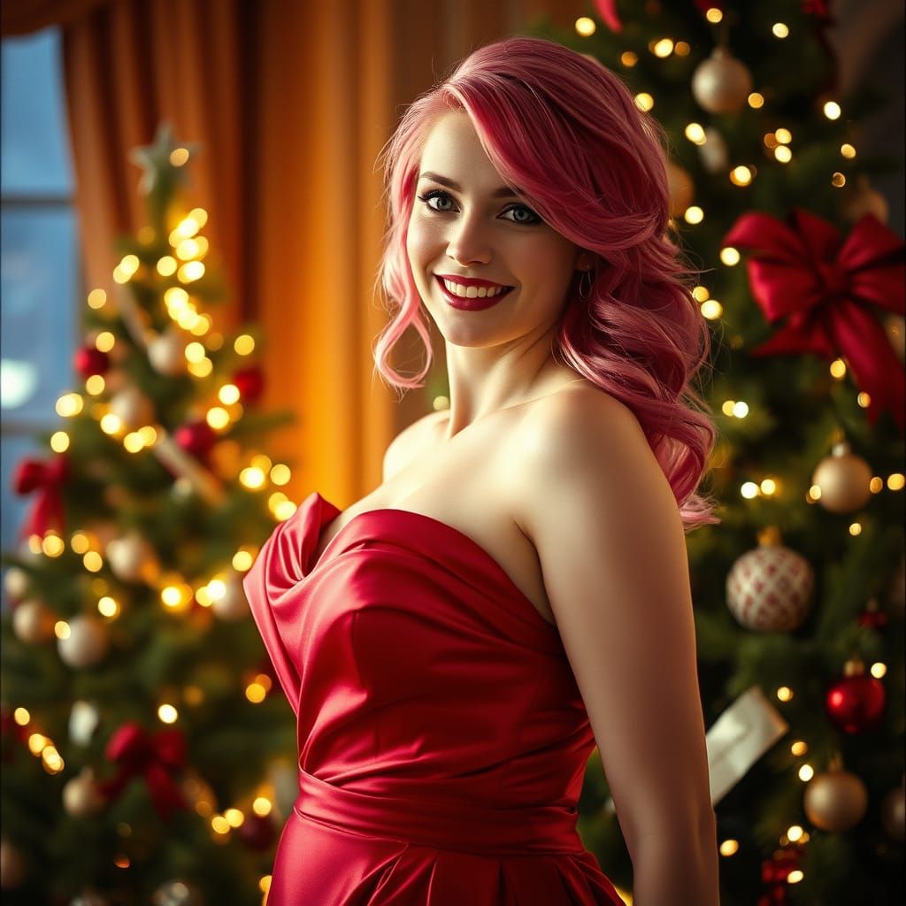 Pink Haired Woman in Holiday Gown by Christmas Tree