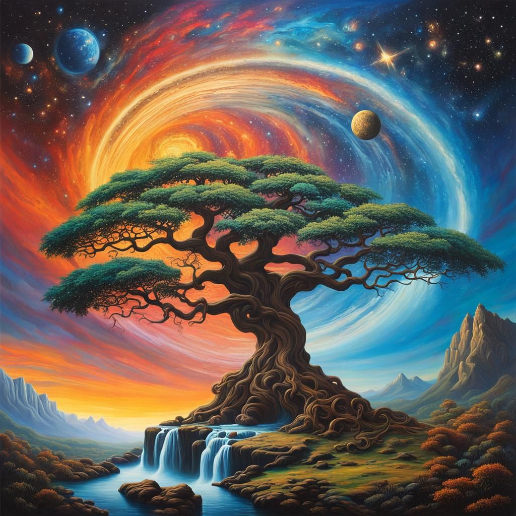 Surreal Tree Surrounded by Mythical Wonders
