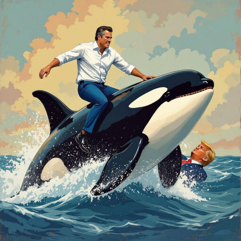 Gavin Newsom Rides Orca Whale in Socialist Poster Art