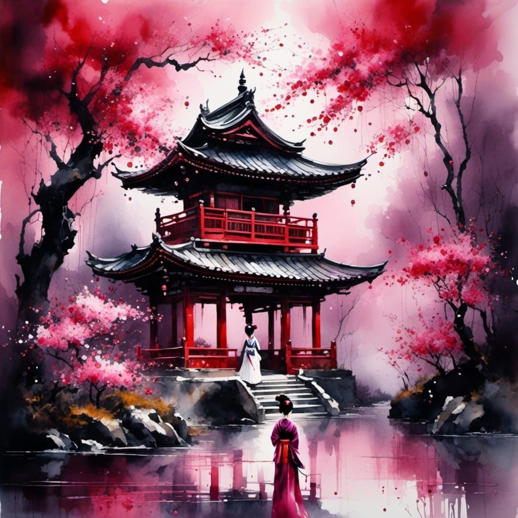 Geisha at Night Temple in Watercolor Landscape