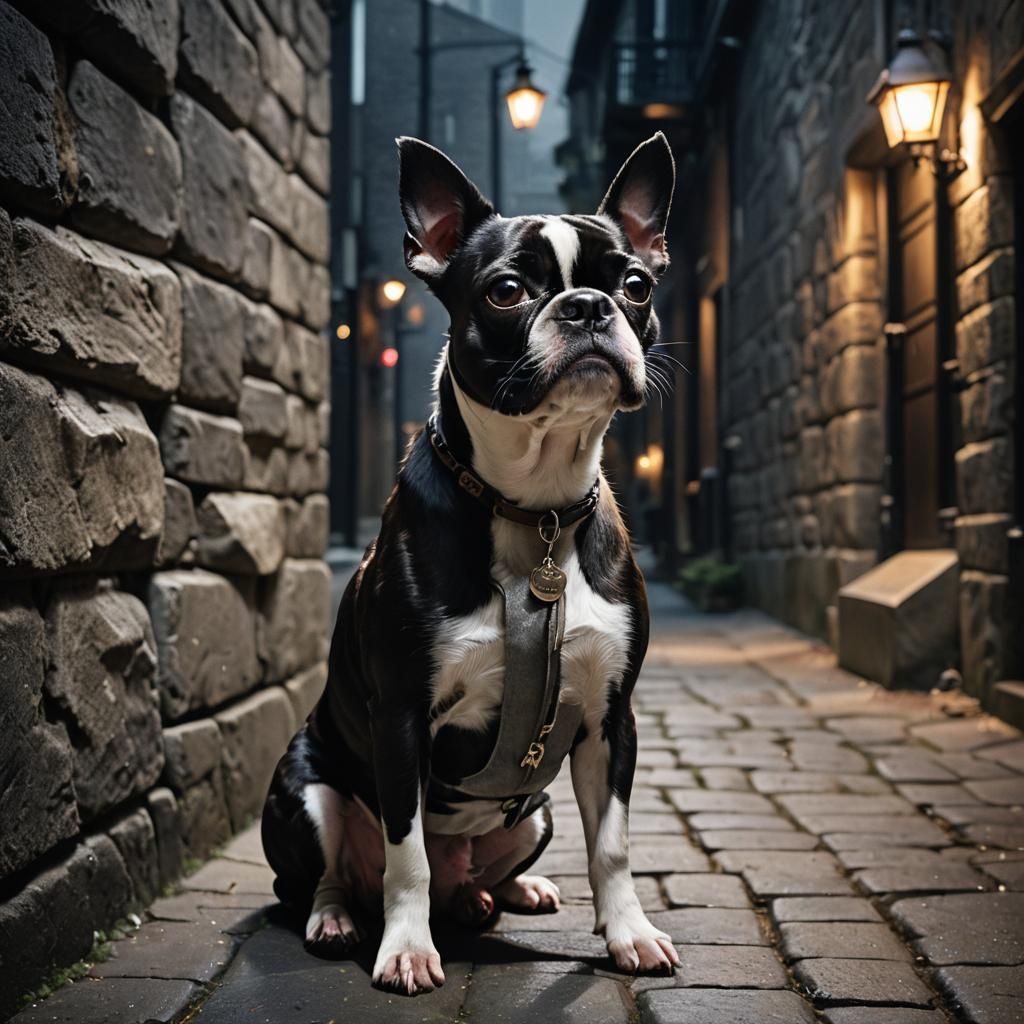Boston Terrier in Moody Alleyway: Hyper-Realistic Portrait