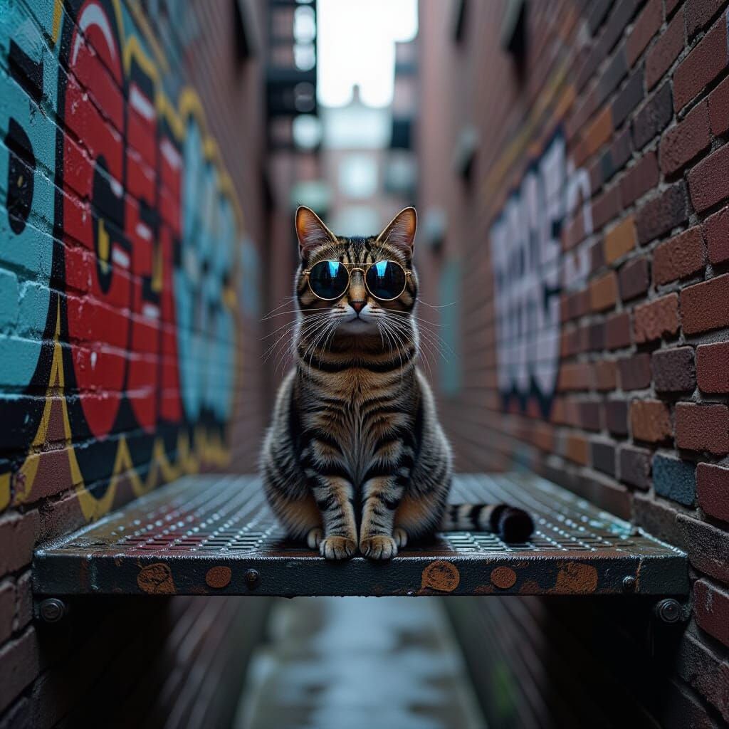 Cool Cat in Sunglasses on Graffiti Fire Escape