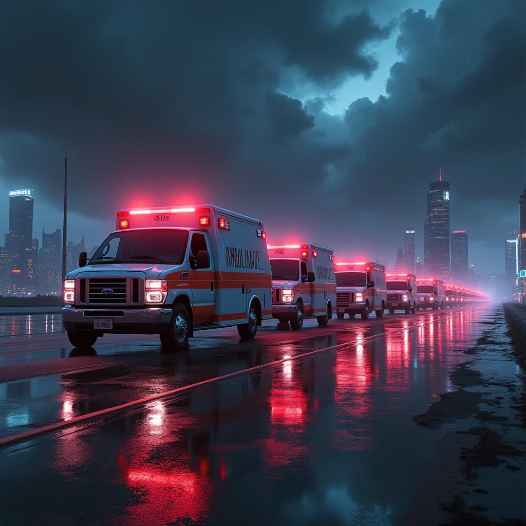 Futuristic Ambulances in Stormy Cityscape