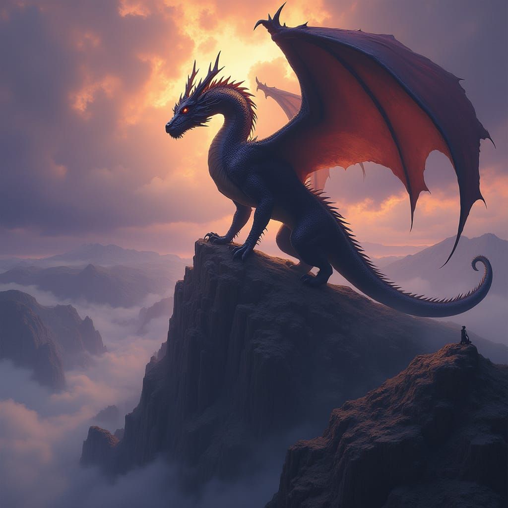 Majestic Obsidian Dragon on Mountain Peak