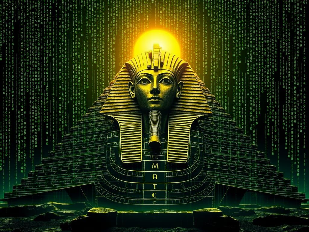 Ancient Pyramid Shrouded in Cyberpunk Matrix Code