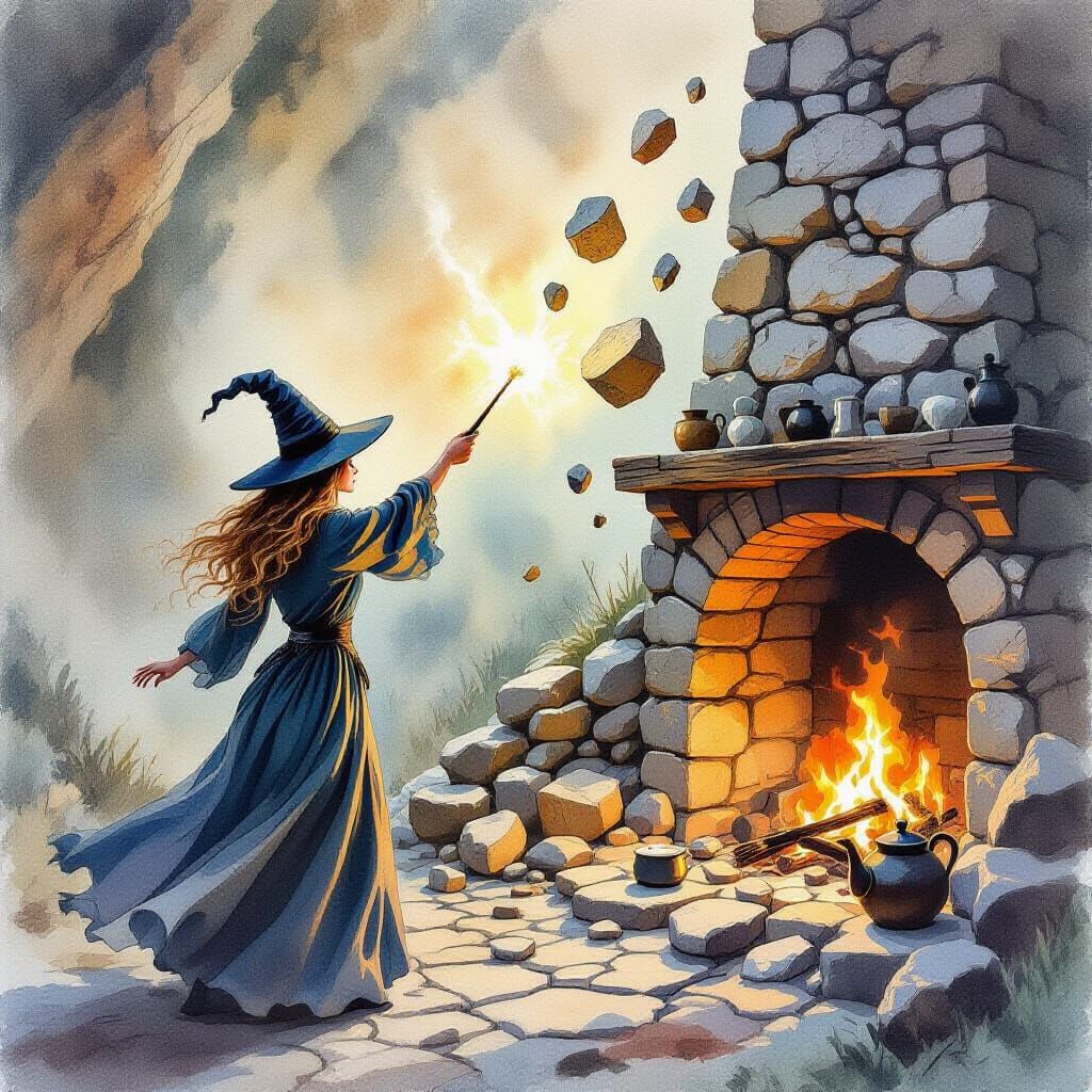 Witch Levitating Earth in Watercolor Painting