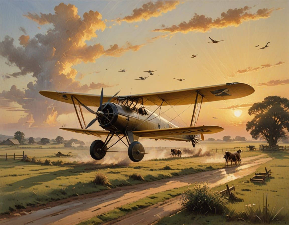 Small Yellow Airplane Takes Off at Sunrise on Texas Ranch