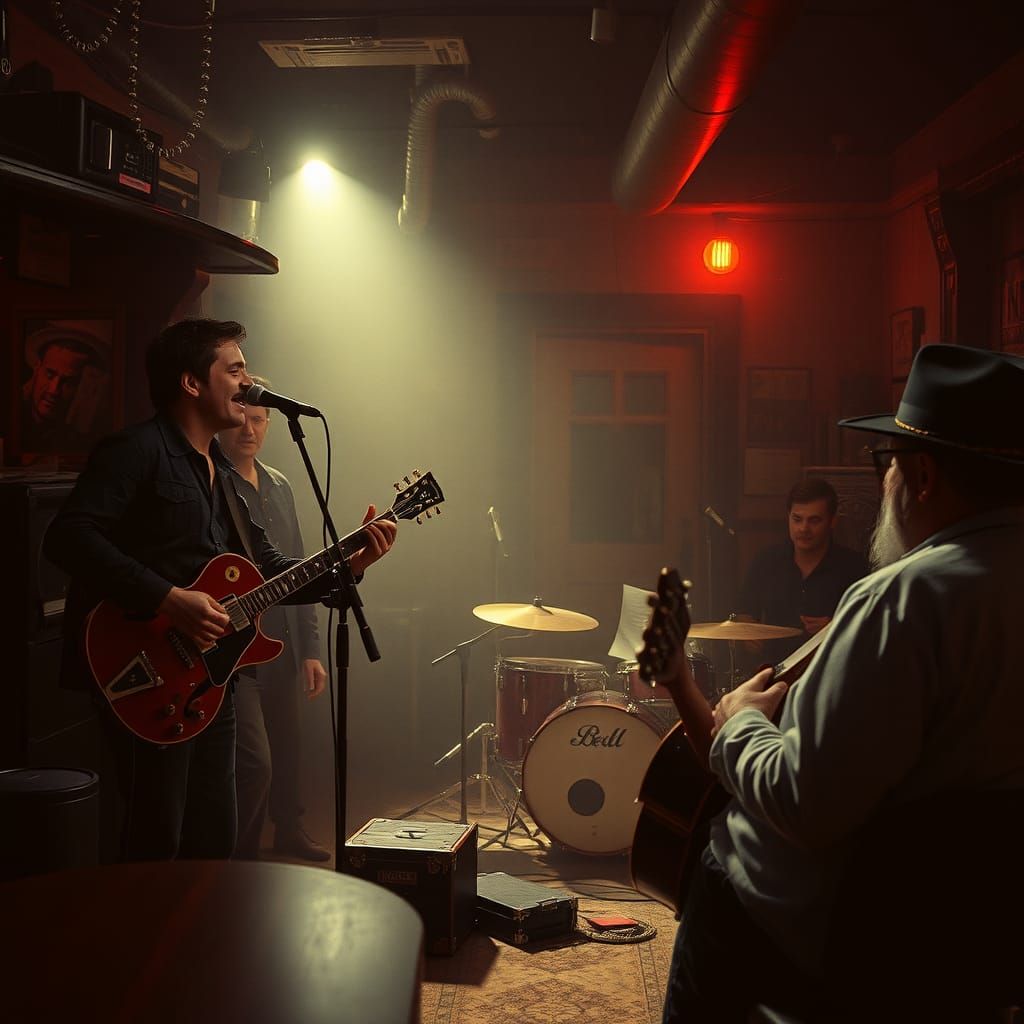 Country Rock Band in Smoky Bar: Cinematic Film Still