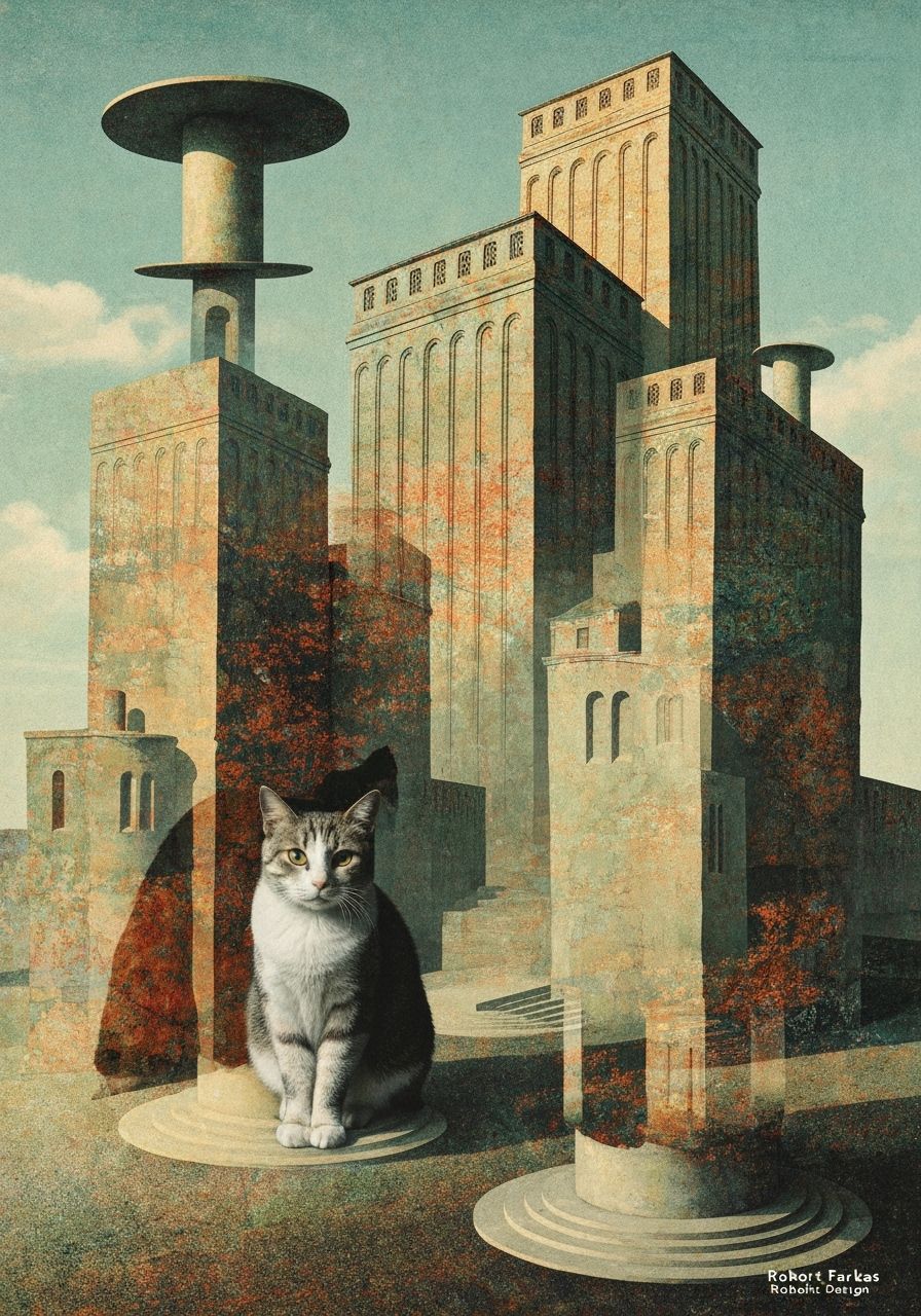 Surreal Cat Double Exposure with Organic Architecture