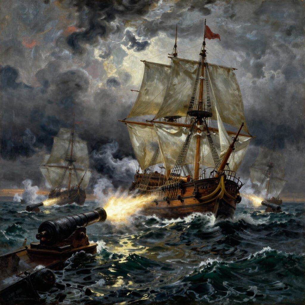 Dramatic Naval Battle in Stormy Seas
