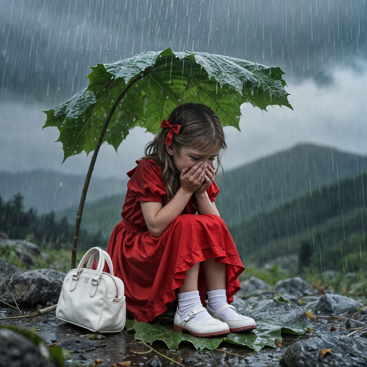 Girl in Red Gown Crying Under Leafy Canopy