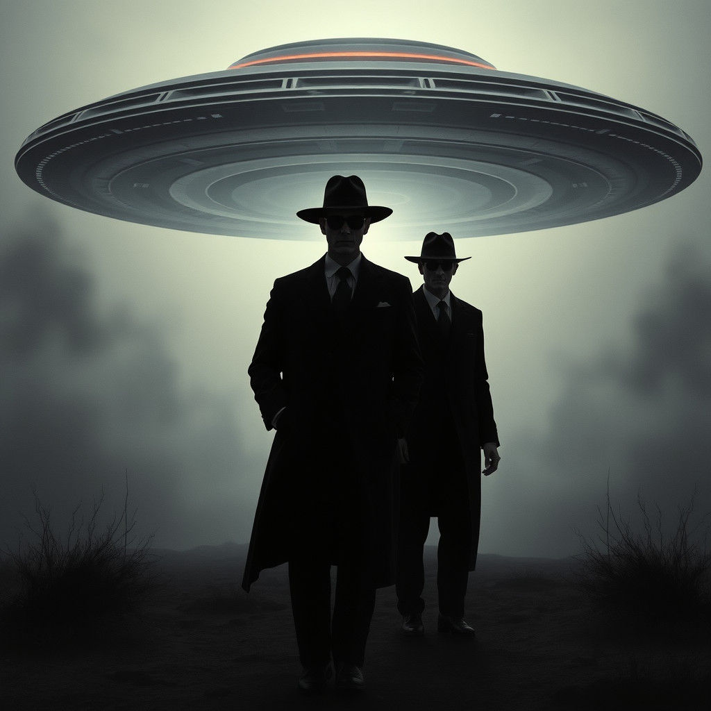 Men in Black Stand Before Futuristic UFO in Dark Landscape