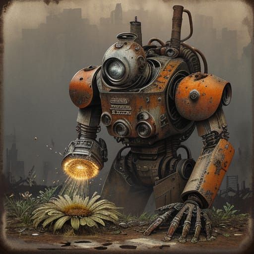 Rusty Robot Tends Daisy in Post-Apocalyptic Watercolor
