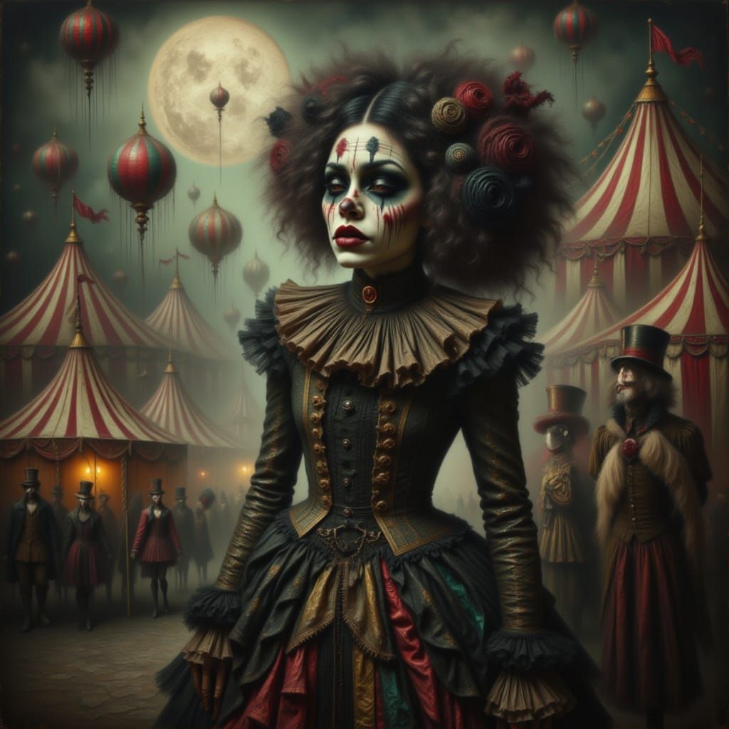 Mysterious Clown in Eerie Steampunk Carnival Oil Painting