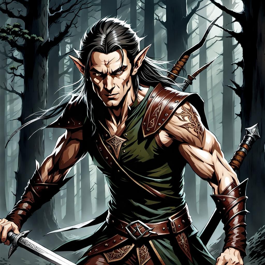 Wood Elf Warrior Illustration in Pen and Ink