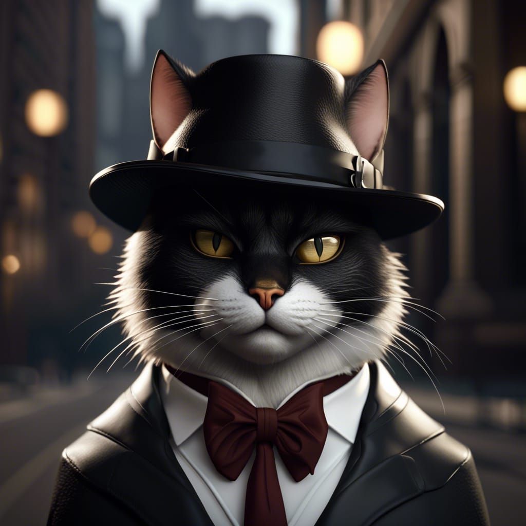 Hyperrealistic Mafia Cat in Tuxedo and Fedora