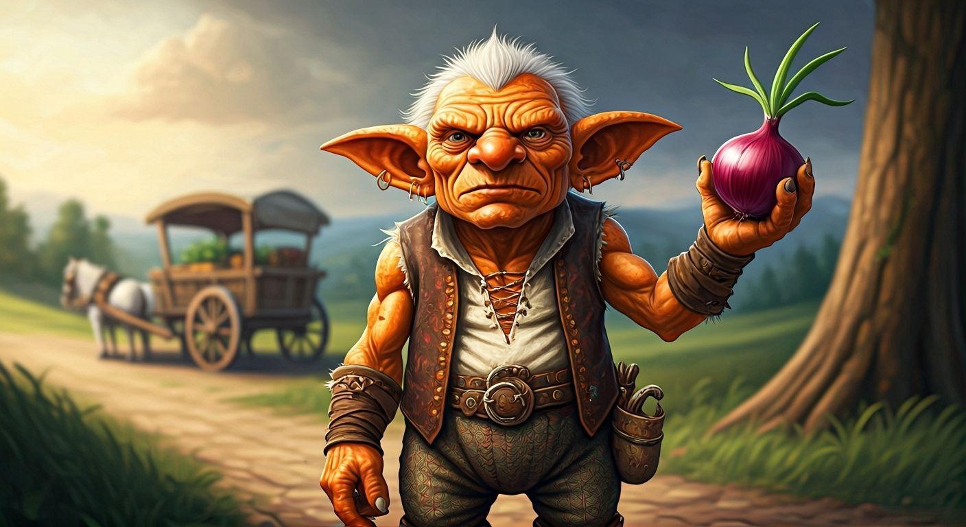 Disgruntled Goblin Inspects a Red Onion