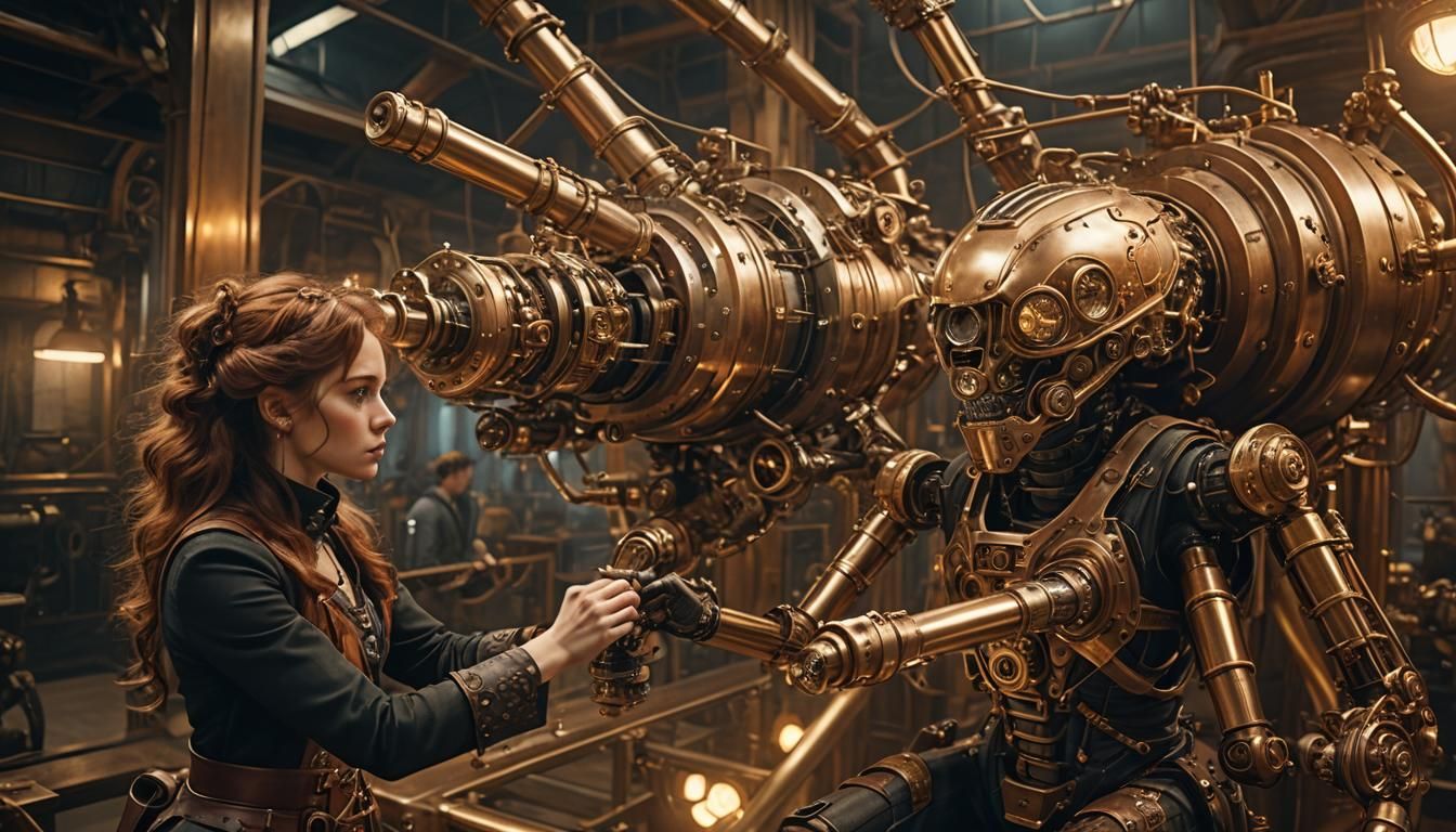 Steampunk Exoskeleton Entangles Woman in Futuristic Industri...