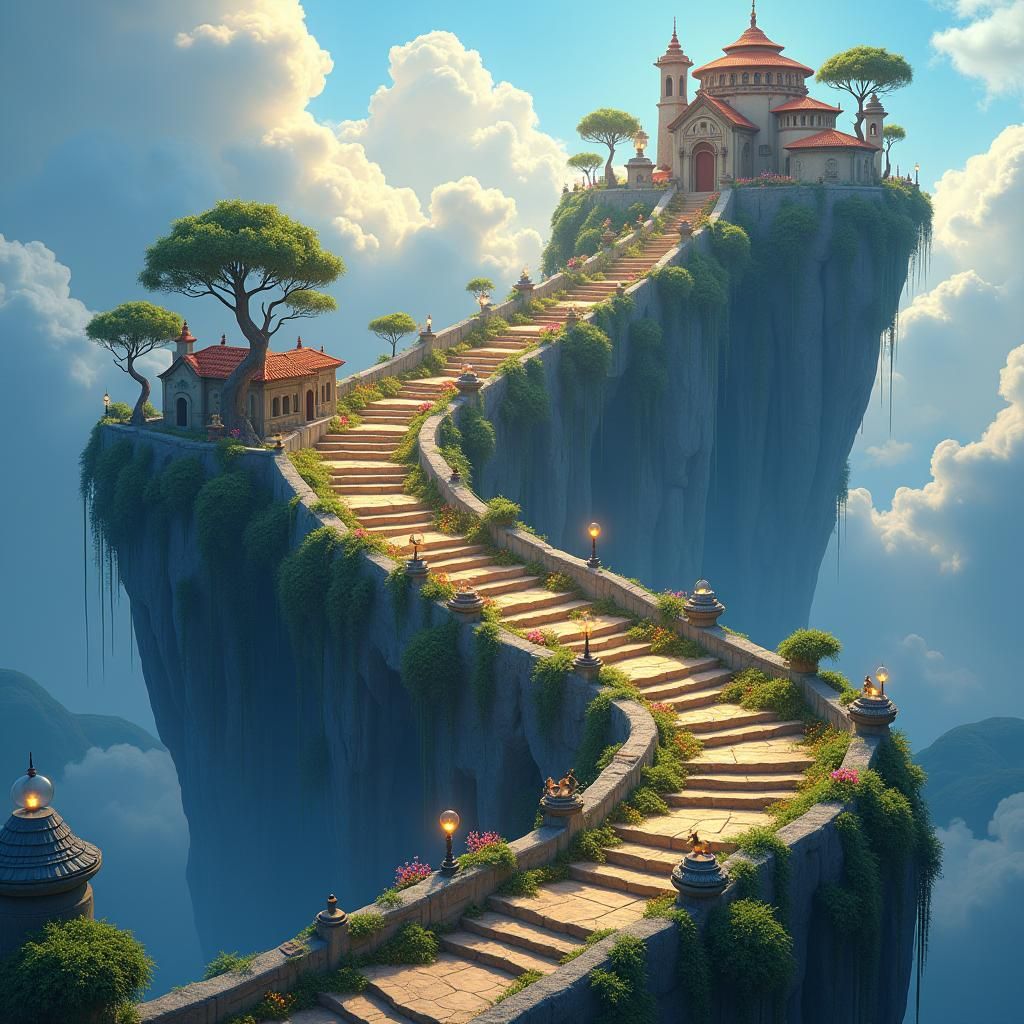 Enchanted Stairway to Sky Villages: Fantasy Concept Art