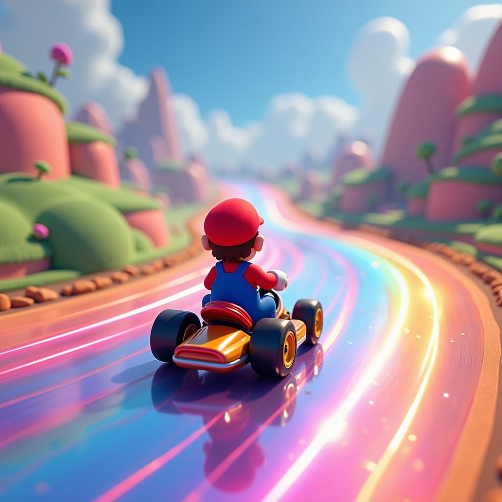 Mario Kart on Rainbow Road: Dreamlike Digital Art