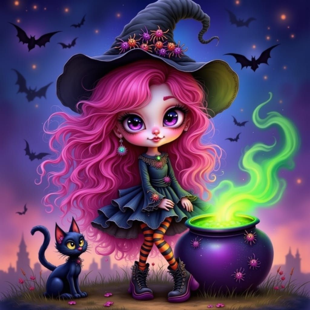 Whimsical Witch with Pink Hair and Violet Eyes
