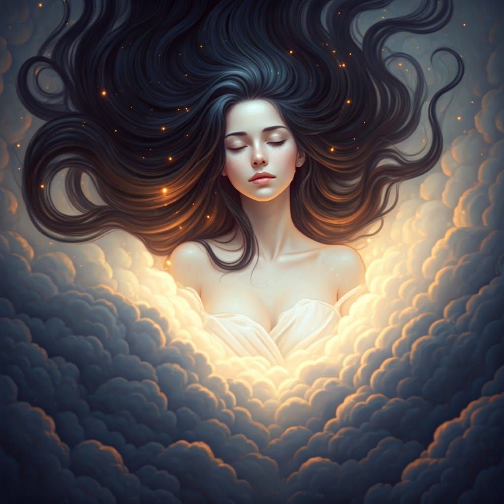 Ethereal Woman Sleeping on Cloud in Cloudy Sky