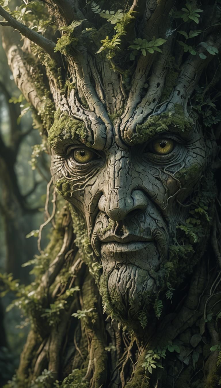 Ethereal Ent Face in Forest Atmosphere