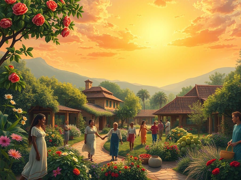 Thriving Utopian Community in Vibrant Bloom