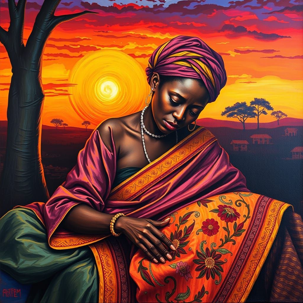 Vibrant African Sunset Quilting Scene in Neo-Expressionist S...