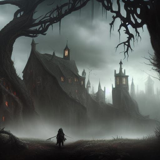 Dark Fantasy Sleepy Hollow Village, Detailed Matte Painting