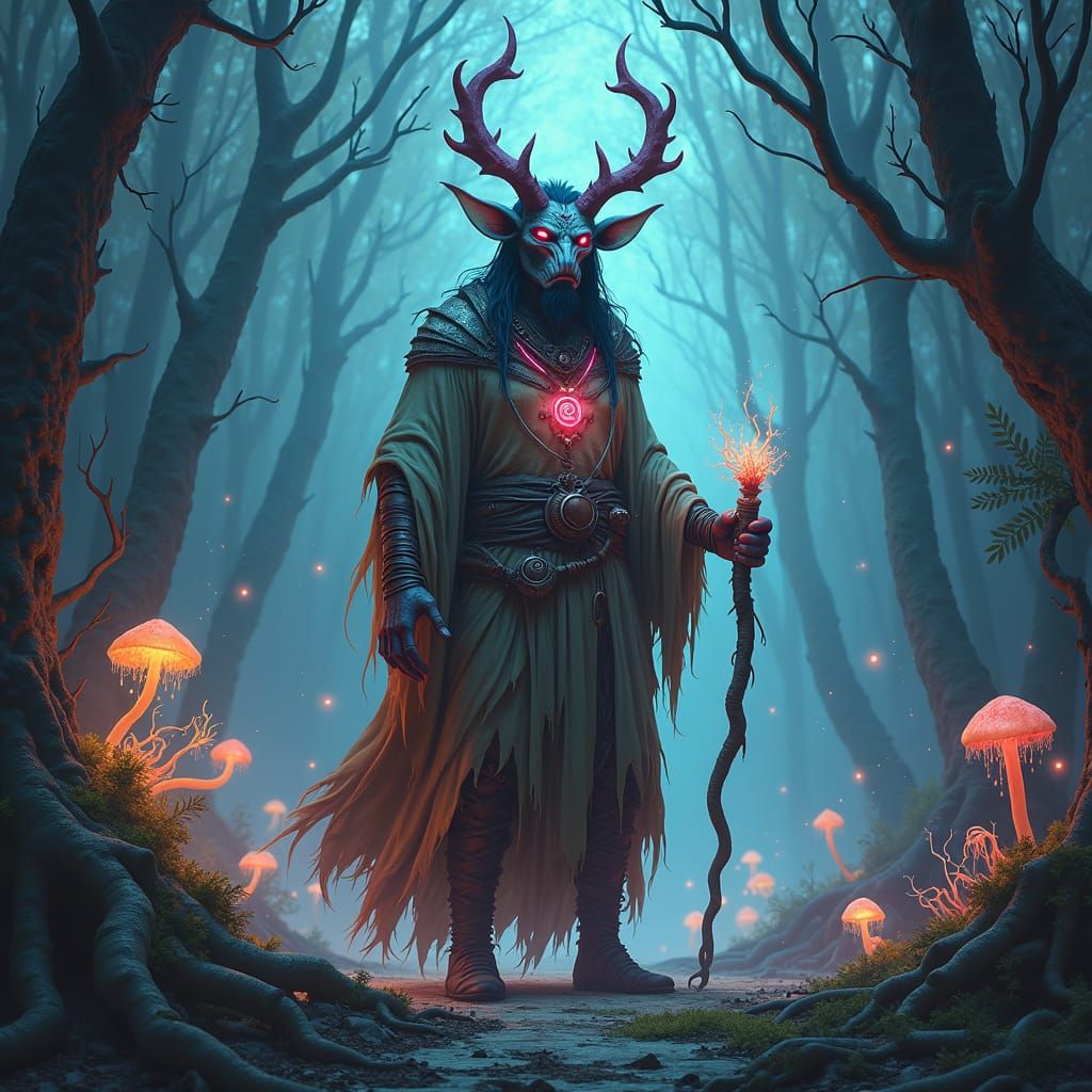 Abyssal Tiefling Druid in Bioluminescent Forest