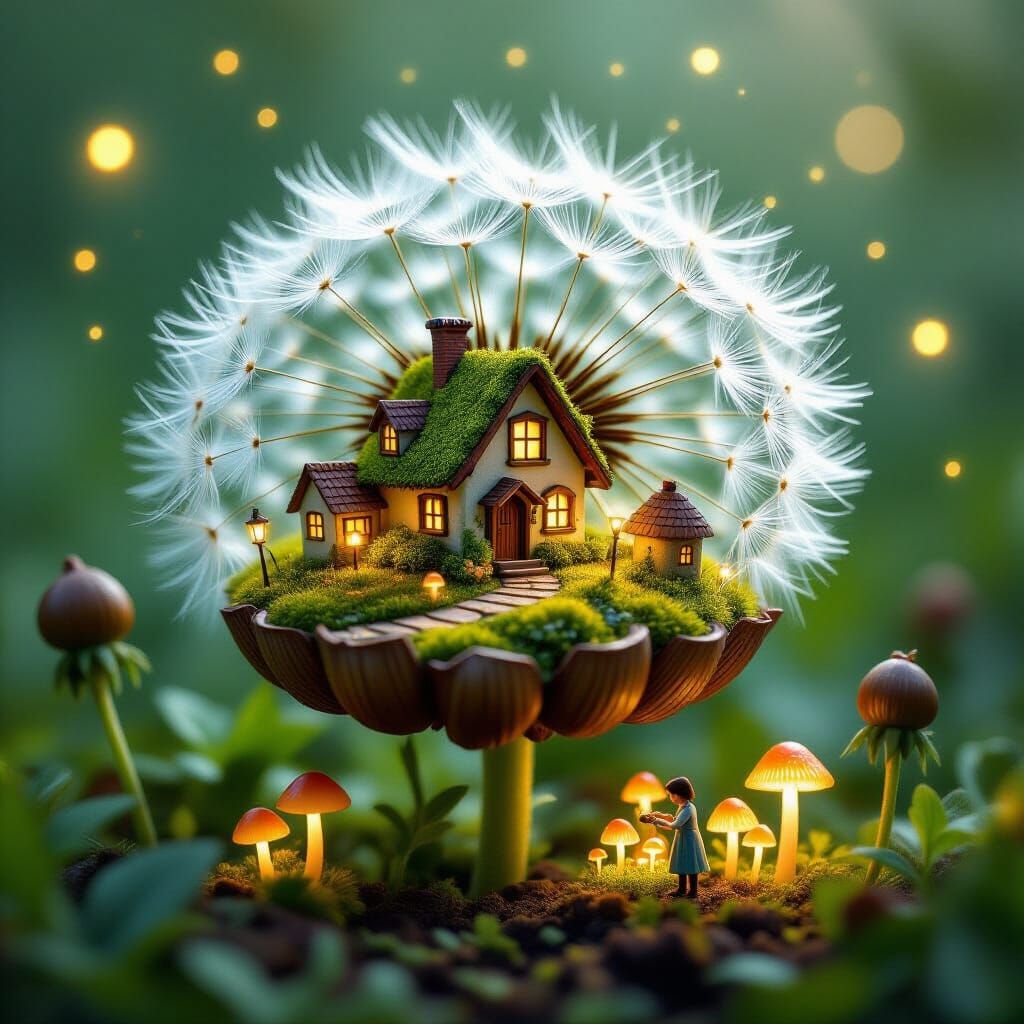Magical Dandelion Village with Acorn Houses and Fireflies