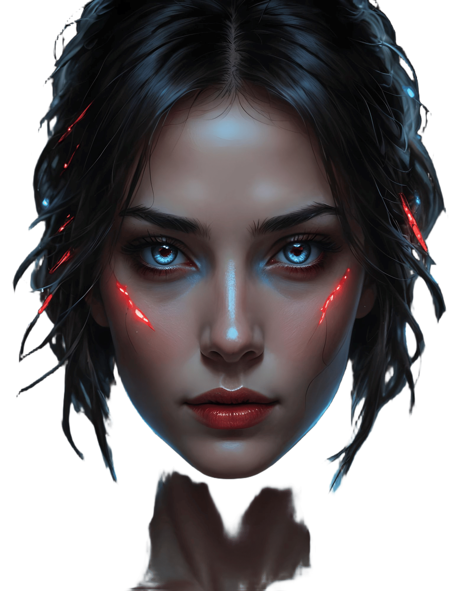 Beautiful Woman with Red Eyes and Blue Glow