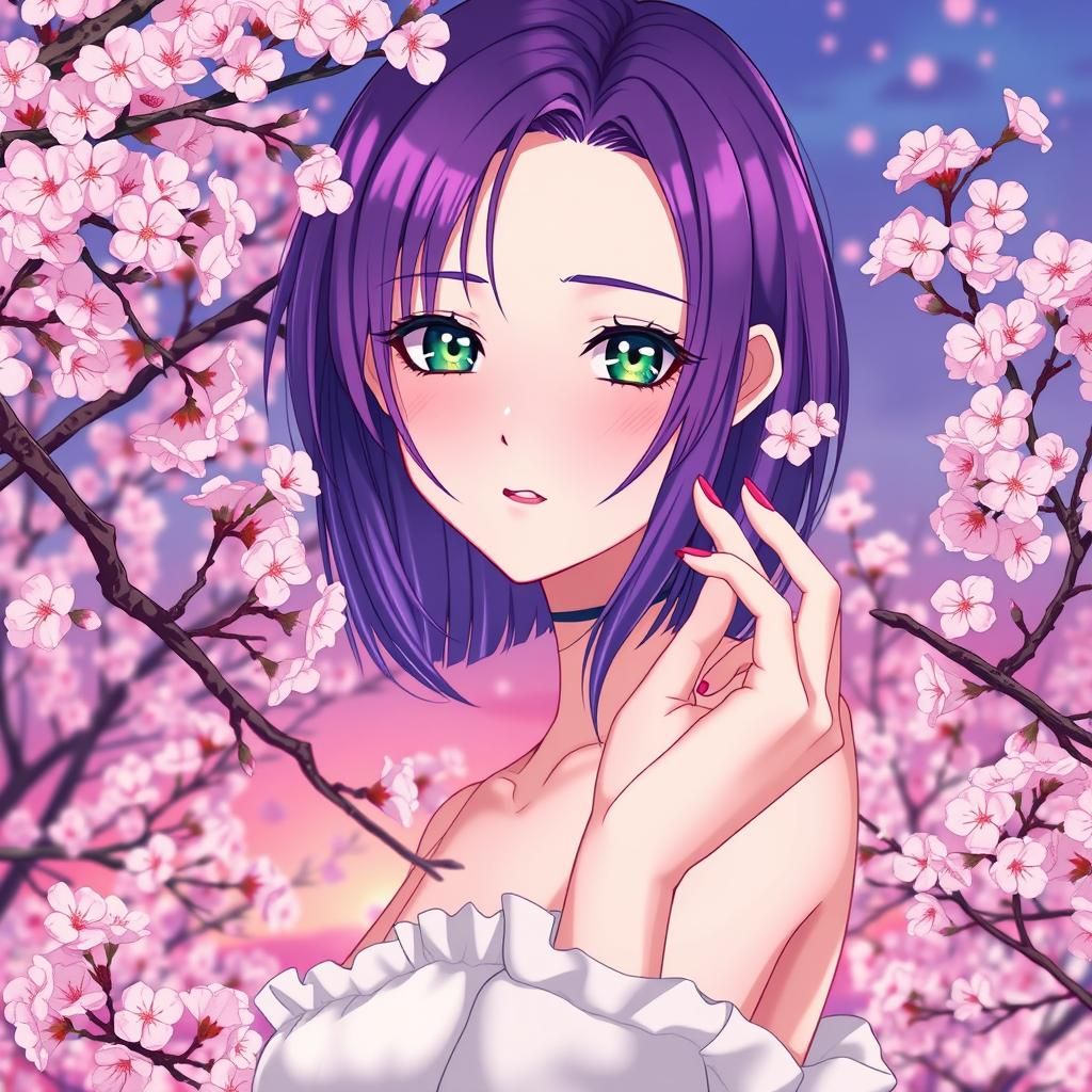 Anime Woman with Purple Hair by Cherry Trees